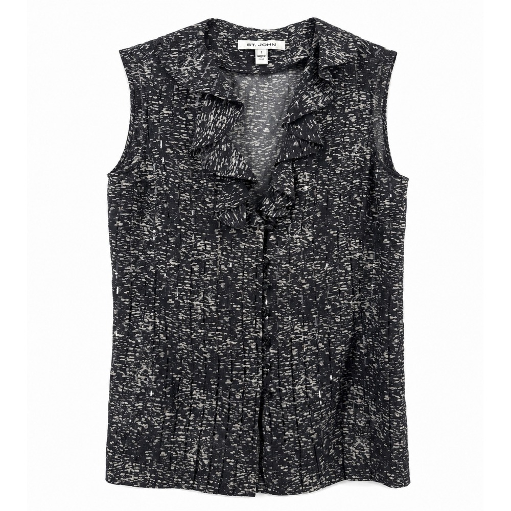 St John Silk Blouse Women 2 Black White Sequin Sleeveless Ruffle Top